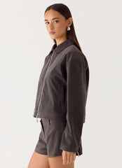 Austina Faux Suede Boxy Jacket - Tan Grey