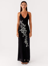 Beki Beaded Mesh Maxi Dress - Black