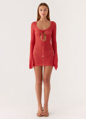 Charis Long Sleeve Crochet Mini Dress - Cherry