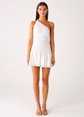 Hestia Drop Waist Shirring Mini Dress - White