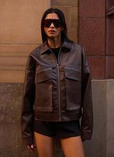 Lula Faux Leather Bomber Jacket - Chocolate