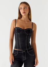 Nathan Denim Corset Top - Washed Black