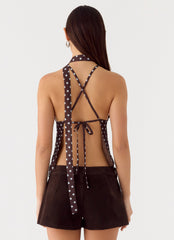 Quiero Backless Top - Chocolate Blue Dot