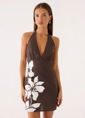 Agneta Halter Linen Mini Dress - Chocolate Tropic Floral