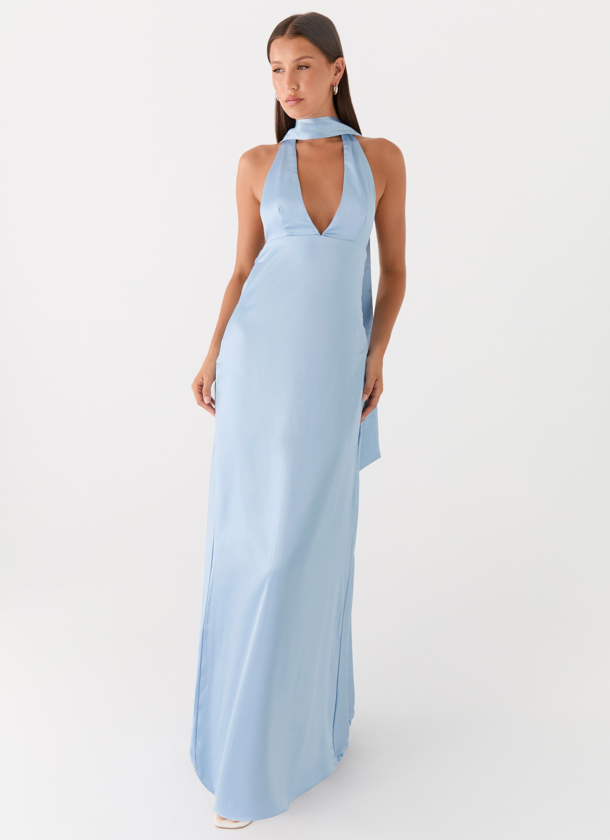 Alicia Satin Halter Maxi Dress - Baby Blue