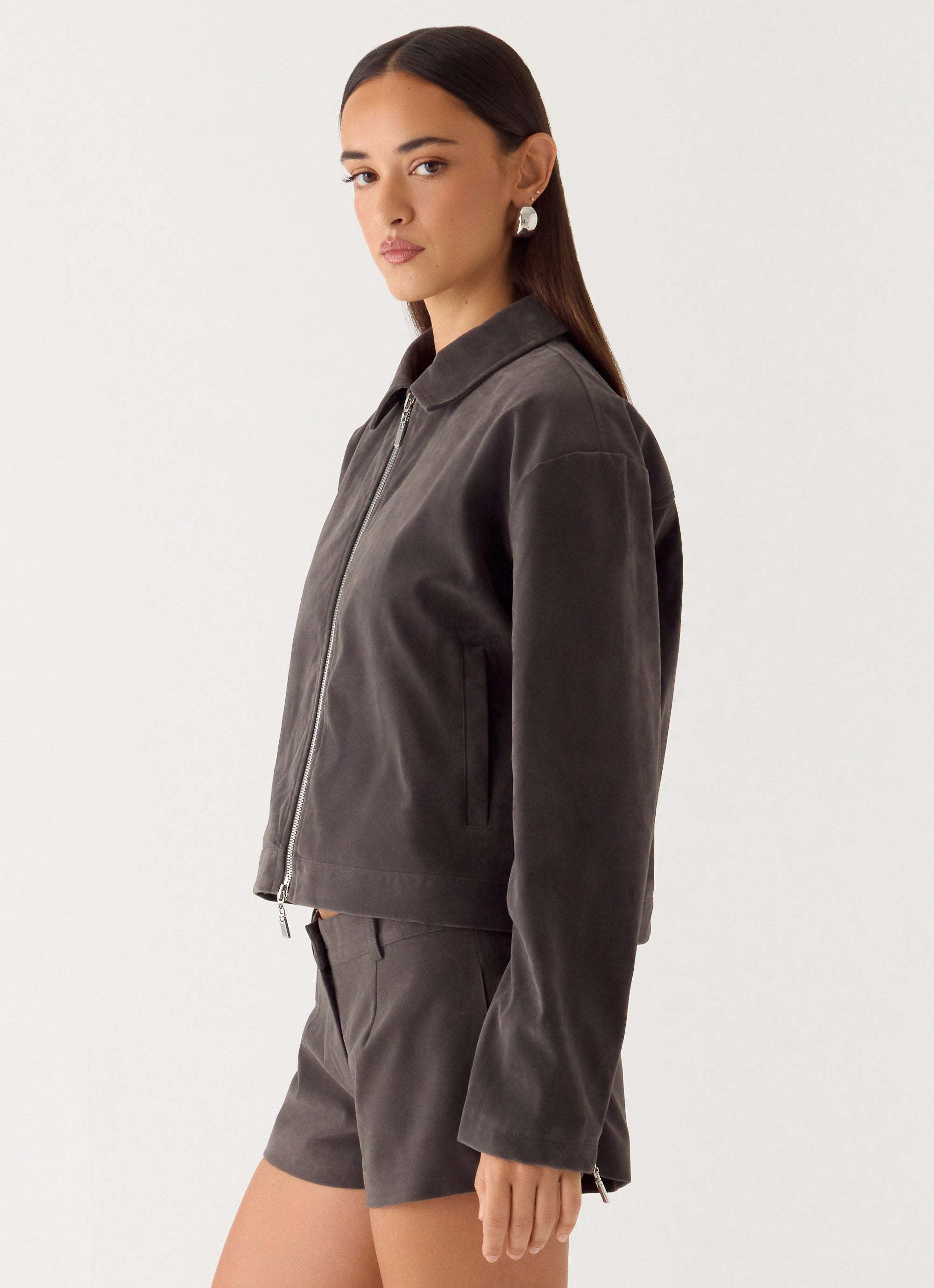 Austina Faux Suede Boxy Jacket - Tan Grey