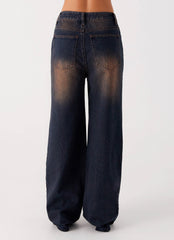 Back Again Straight Leg Denim Jeans - Brown Blue Acid Wash