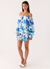 Eira Balloon Sleeve Mini Dress - Cerulean Bloom