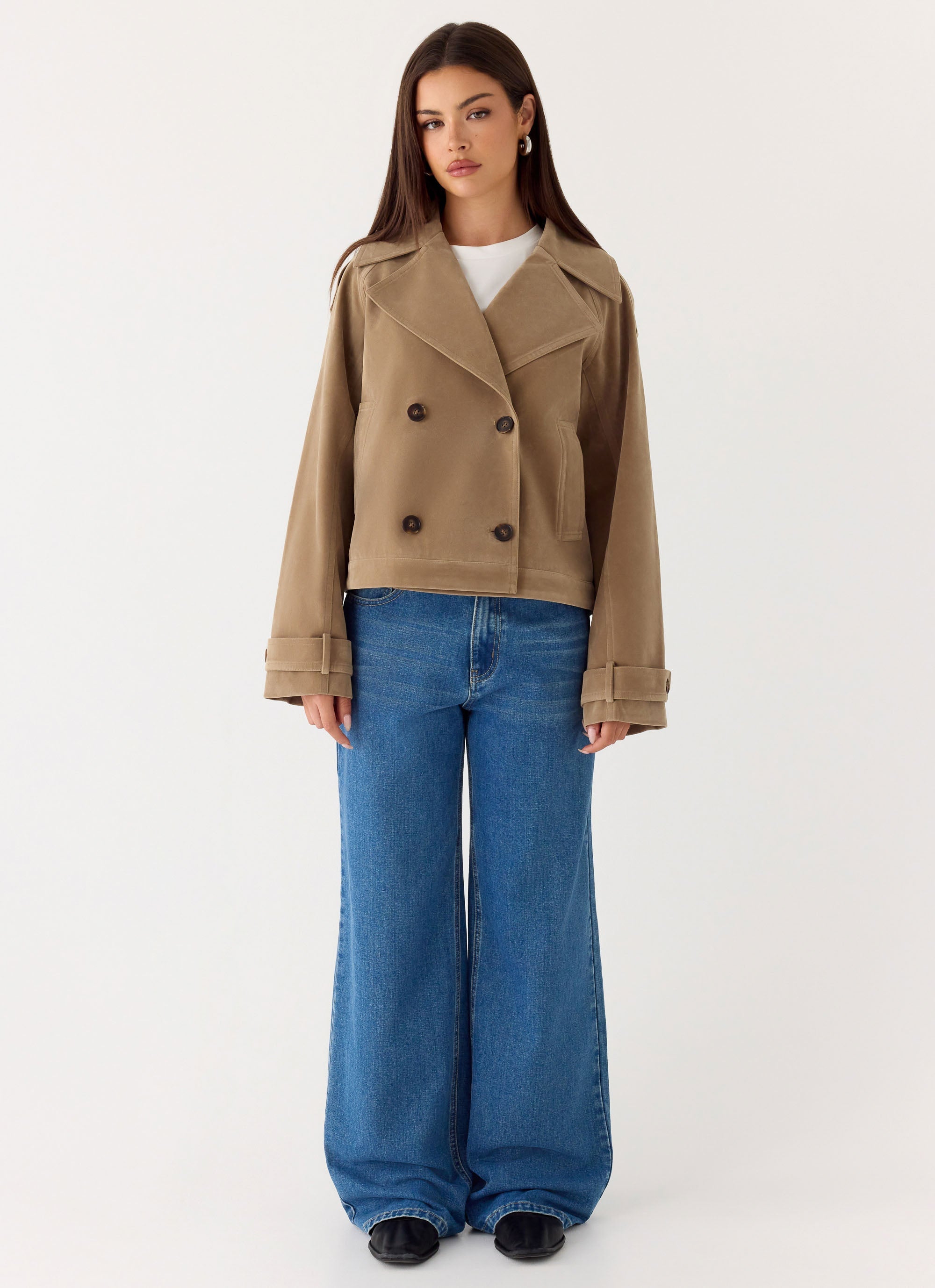Evan Faux Suede Short Trench Jacket - Tan