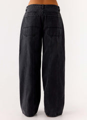 Johnny Low Rise Wide Leg Denim Jeans - Grey Charcoal
