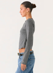 Kaytra Long Sleeve Top - Grey Marle Stripe