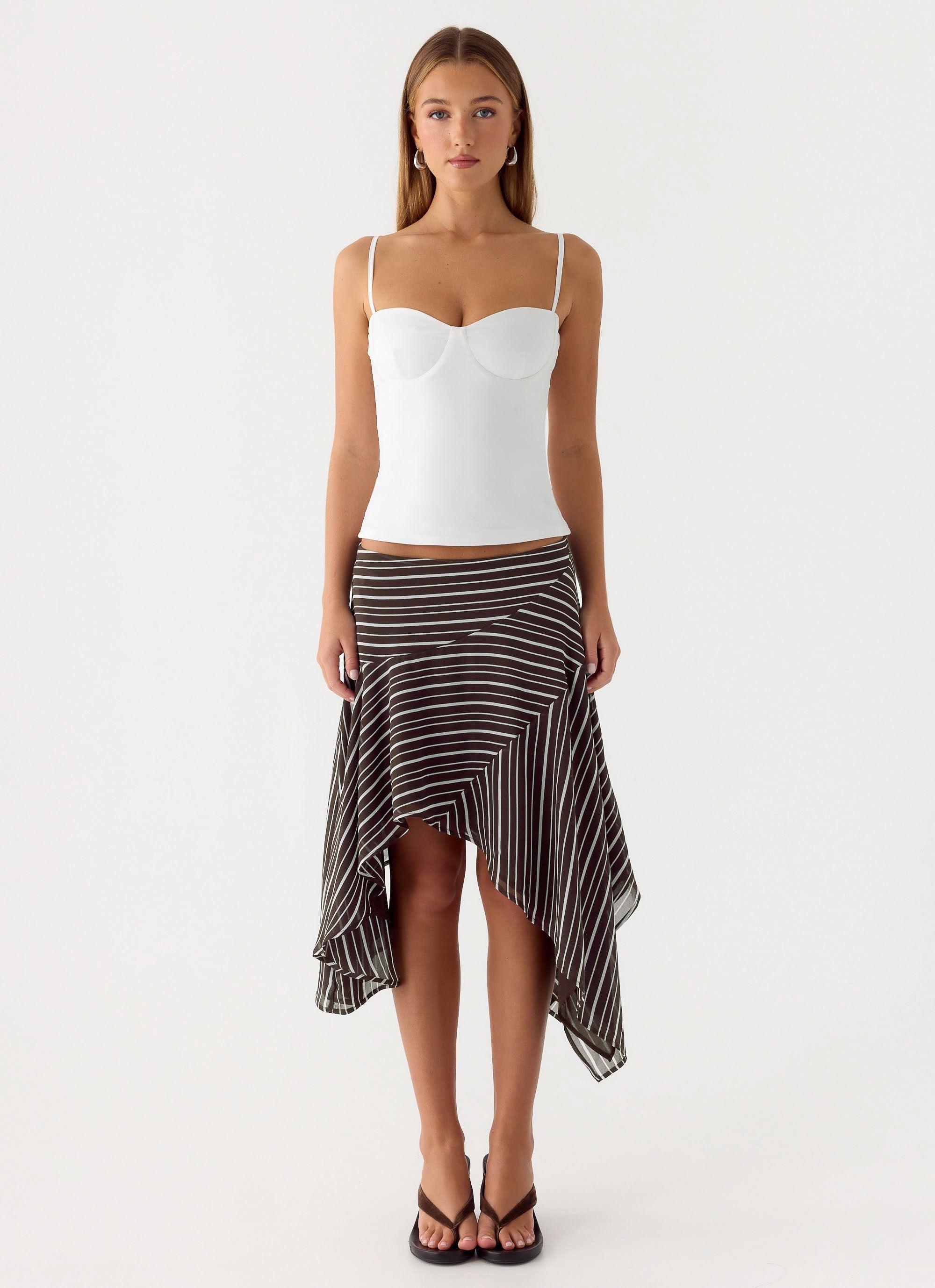 Kia Low Rise Asymmetrical Midi Skirt - Chocolate Stripe