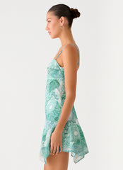 Marine Mist Asymmetric Hem Mini Dress - Green Paisley