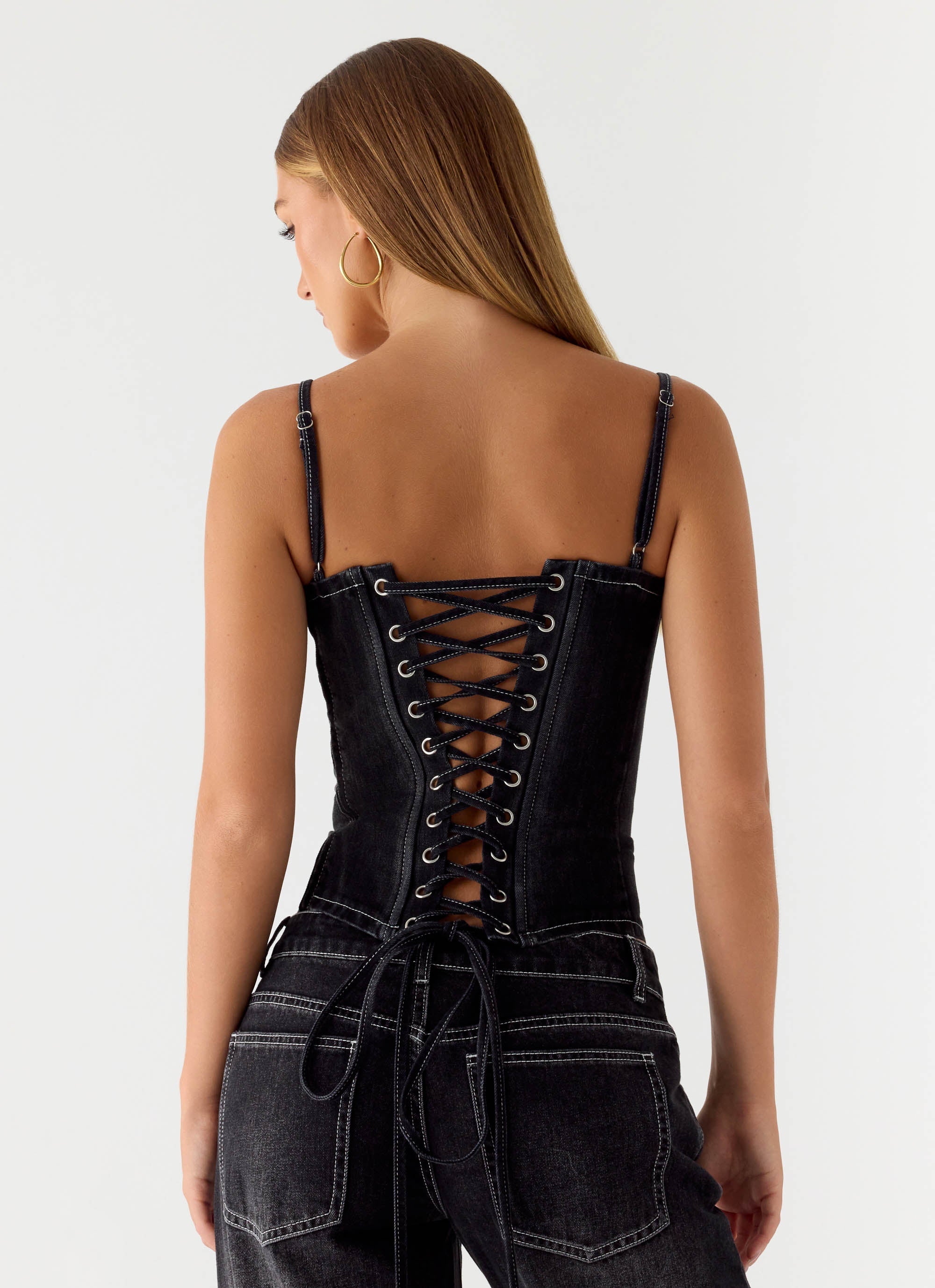 Nathan Denim Corset Top - Washed Black