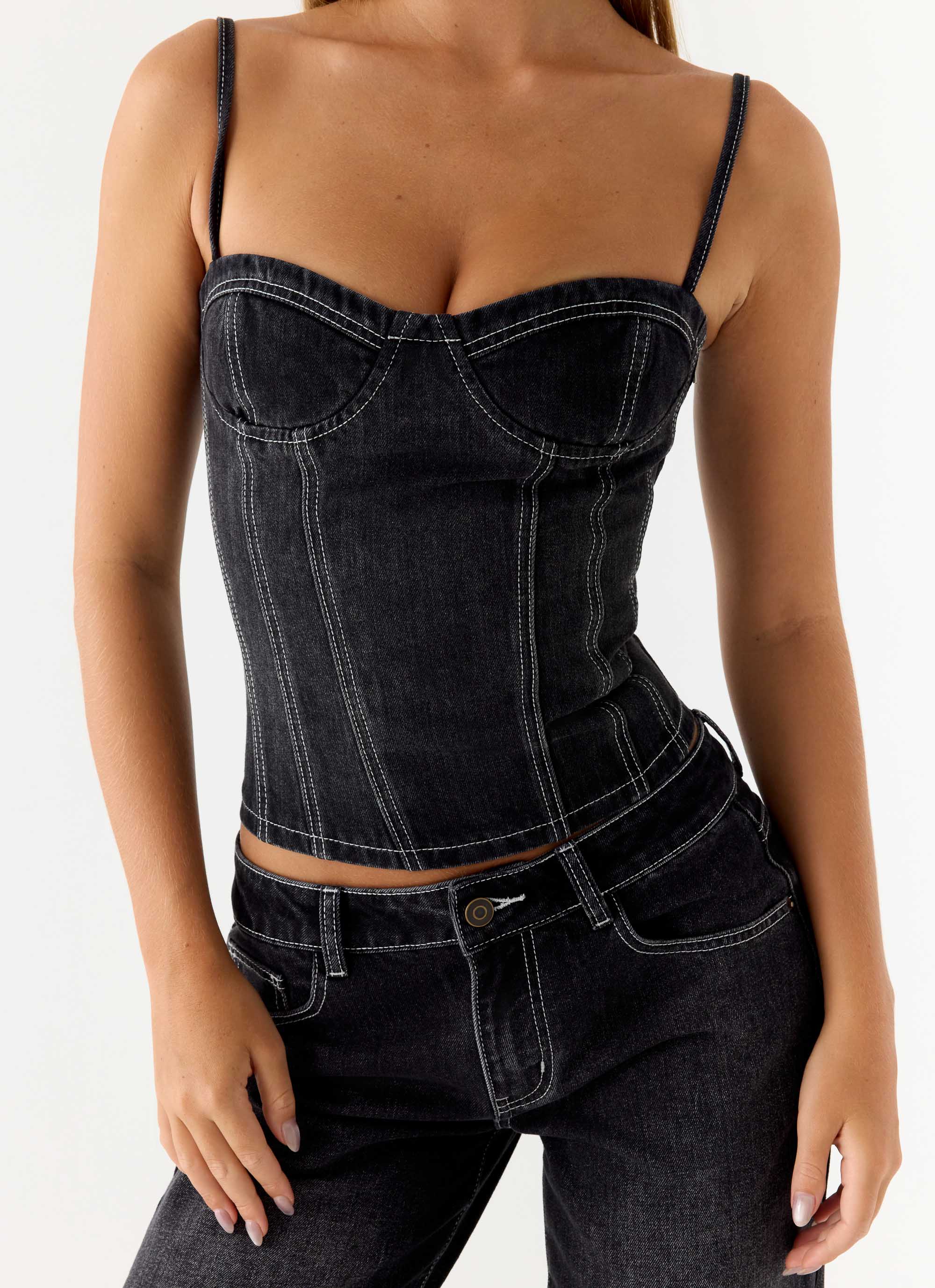 Nathan Denim Corset Top - Washed Black