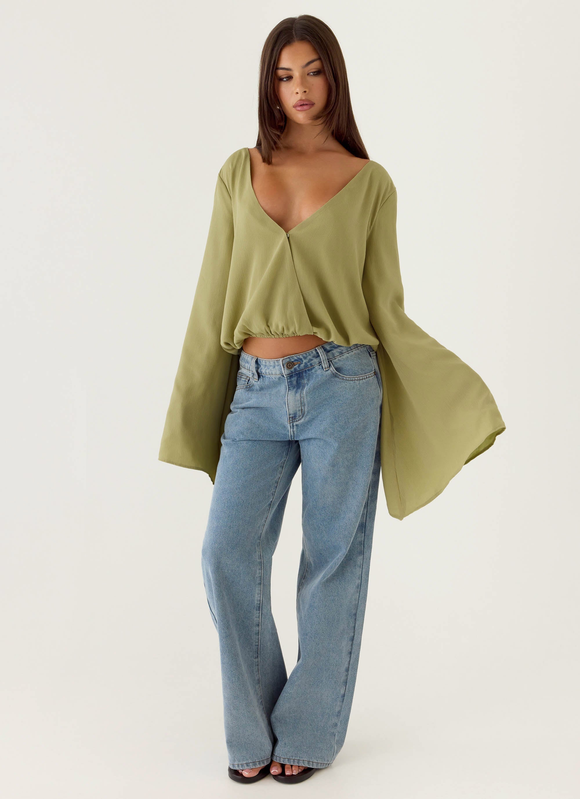 Orelia Long Sleeve Top - Green Olive