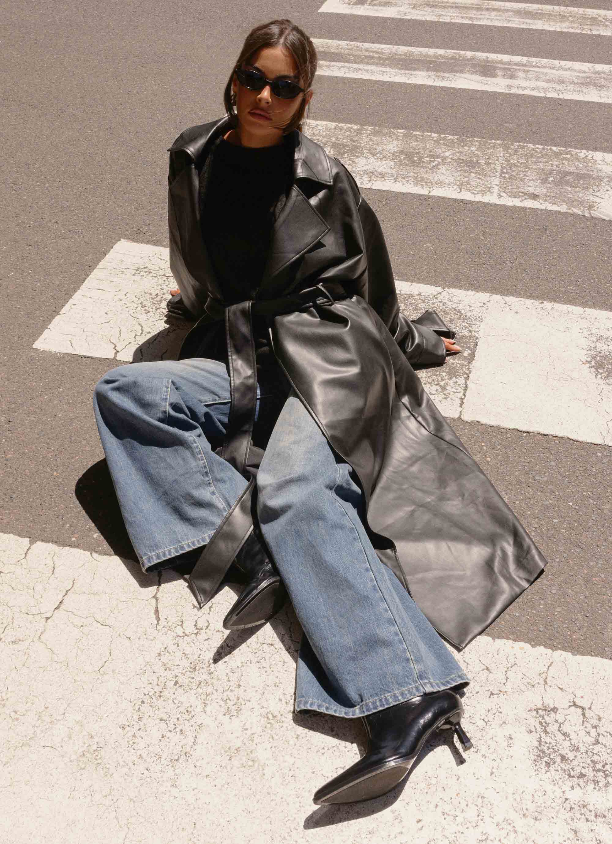 Out On The Town Faux Leather Midi Trench - Black