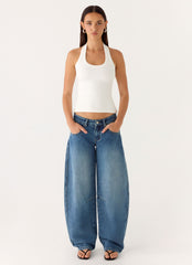 Stevie Low Rise Barrel Leg Denim Jeans - Mid Wash Blue
